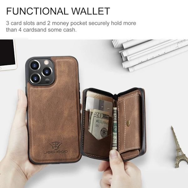 JEEHOOD Mobilskal till iPhone 14 Pro Shockproof KonstLäder Brun