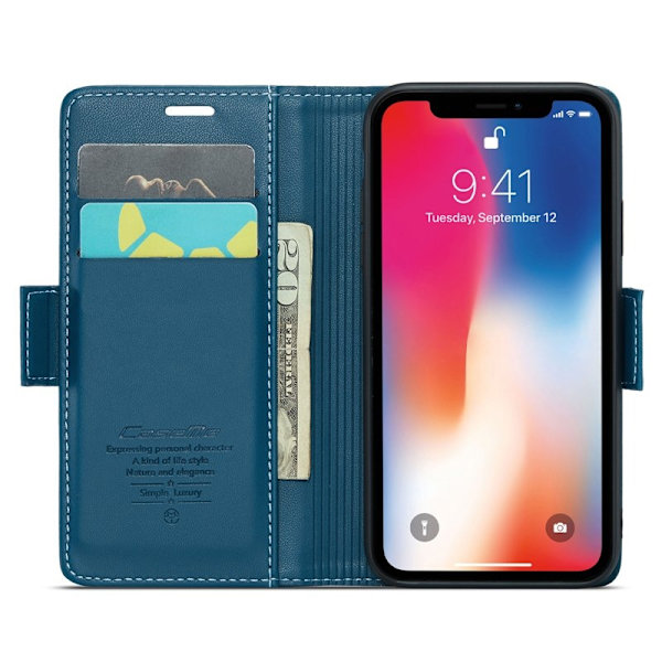 CASEME RFID-Skydd Plånboksfodral Konstläder för iPhone XS - Blå