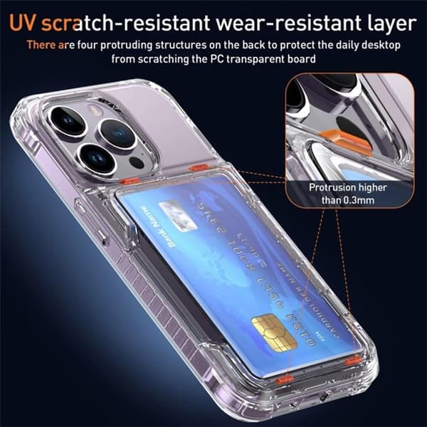 iPhone 15 Pro -puhelinkotelo korttitaskulla ja tuella - läpinäkyvä Transparent