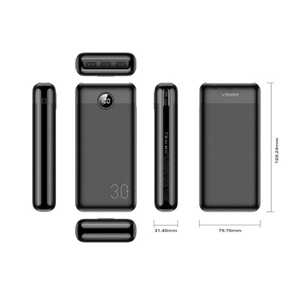 VEGER Powerbank 30000 mAh PD QC 3.0 3A 20W L30 - Svart