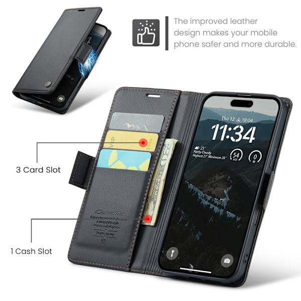 CASEME iPhone 16 Plånboksfodral Konstläder RFID-Skydd Svart