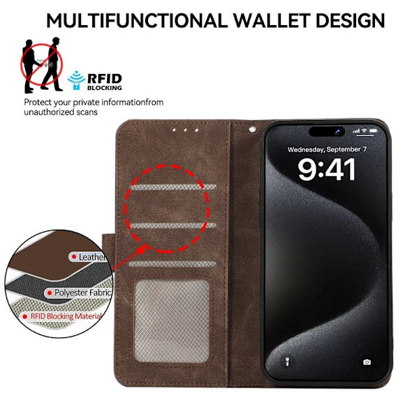 ABEEL iPhone 16 Pro Max Plånboksfodral Konstläder RFID-Skydd - Brun