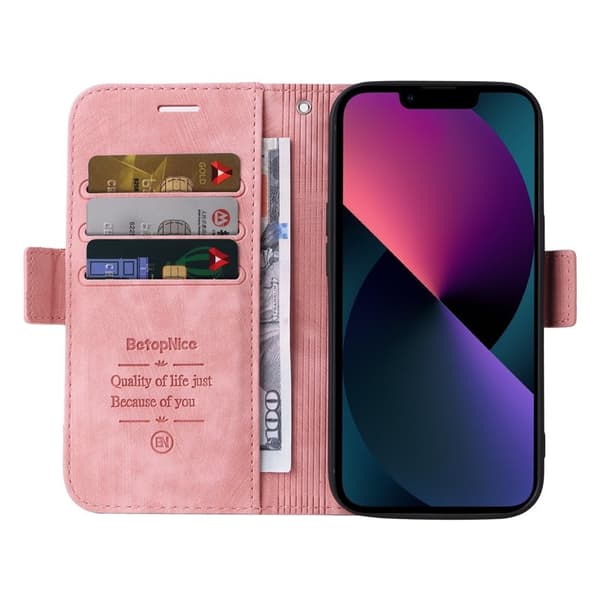 BETOPNICE 001 iPhone 15 Plånboksfodral i Konstläder - Rosa