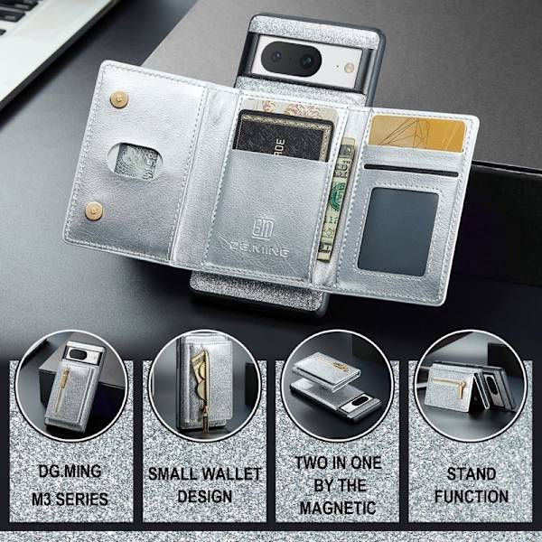 DG.MING M3 Series Mobilskal till Google Pixel 8 Glitter KonstLäder Silver