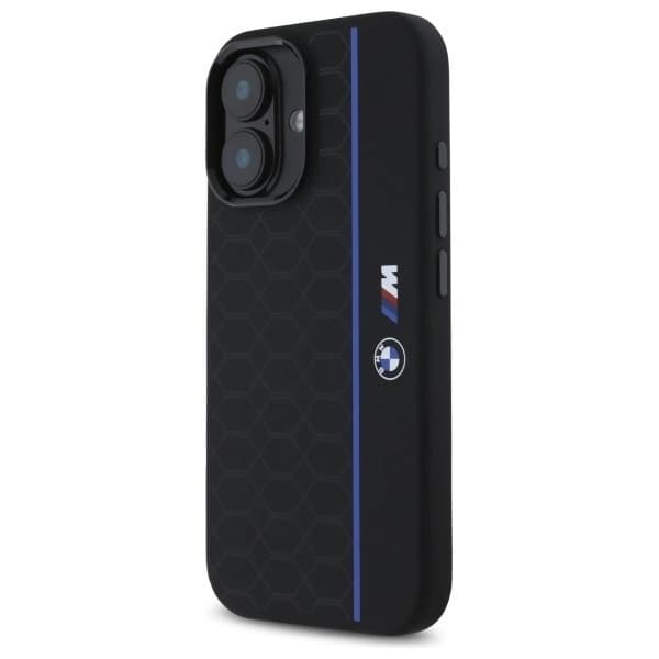BMW telefontaske til iPhone 16 MagSafe Silikone Hexagon Blue Line Black