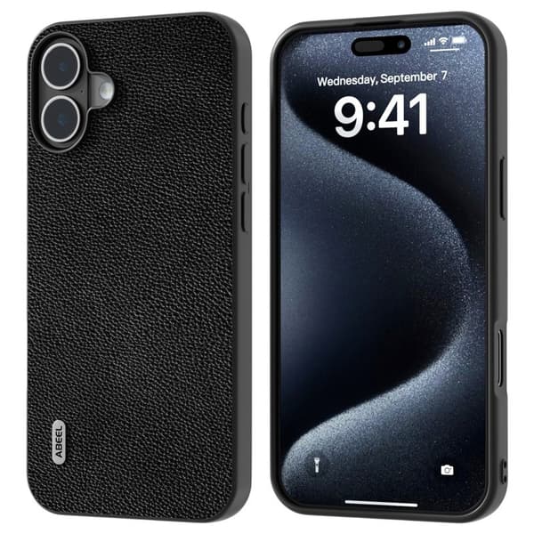 ABEEL Mobilskal till iPhone 16 Plus Litchi Textur Äkta Läder Svart
