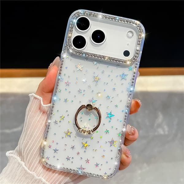 Mobilskal till iPhone 17 Pro Rhinestone Edge Ring Kickstand Transparent