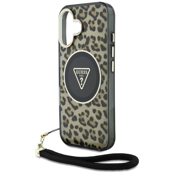 Guess Mobilskal till iPhone 16 MagSafe IML Leopard Triangle Cord Strap - Brun Brun