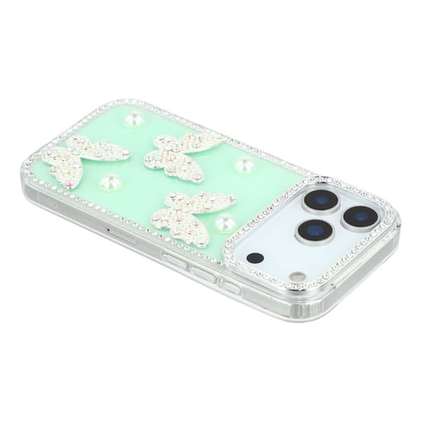 Mobilskal till iPhone 17 Pro Rhinestone Edge Pearl Butterfly Grön