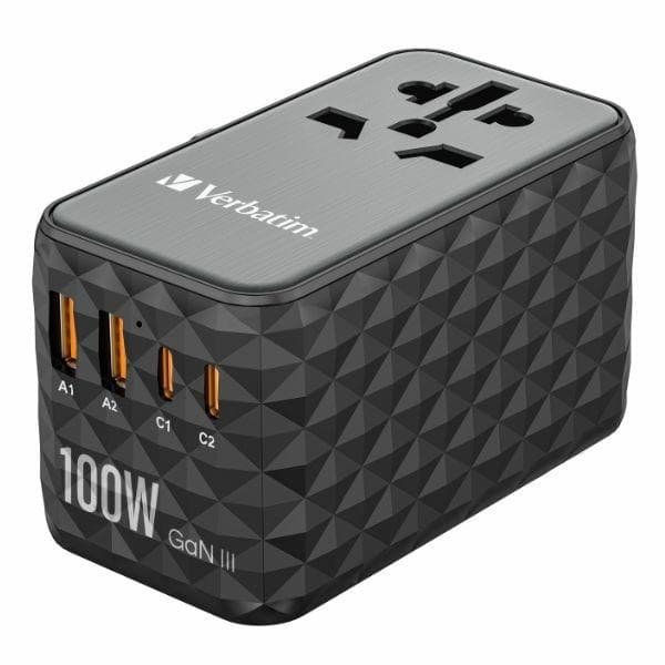 Verbatim Rejseoplader GaN 100W PD 2xUSB-C 2xUSB-A EU/UK/USA - Sort Svart
