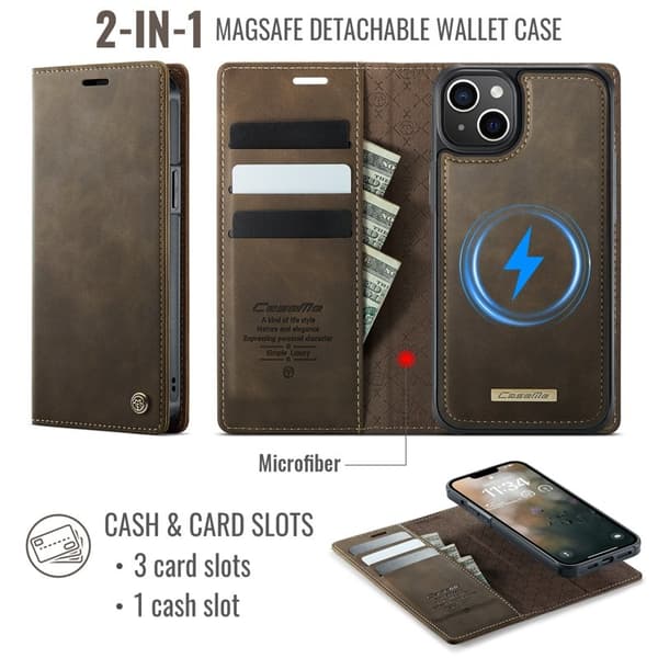 CASEME C49 Mobilskal till iPhone 15 MagSafe RFID Blocker Läder Kaffe