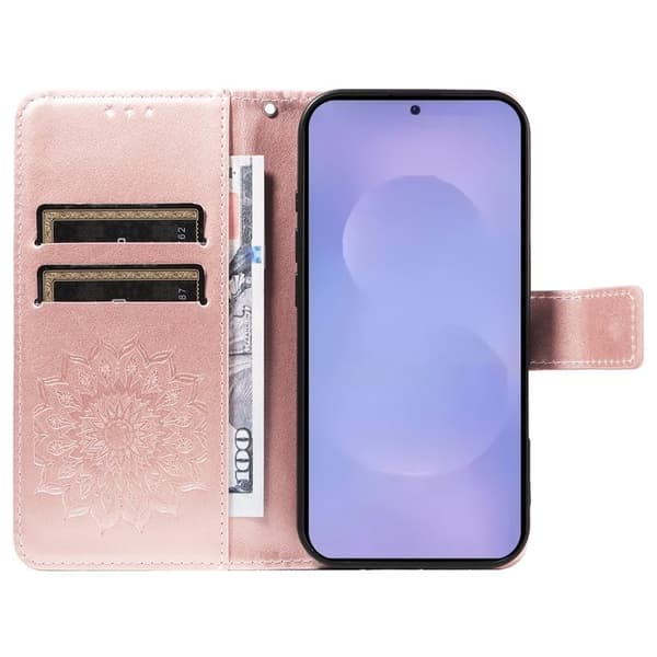 Samsung Galaxy S26 Plus Plånboksfodral Konstläder Solrostryck - Roséguld