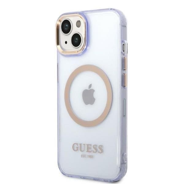 GUESS iPhone 14 Skal MagSafe Guld Outline Translucent - Lilla Lila