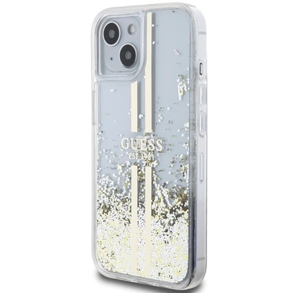 Guess iPhone 15/14 Plus Flydende Glitter Guldstriber Taske Transparent