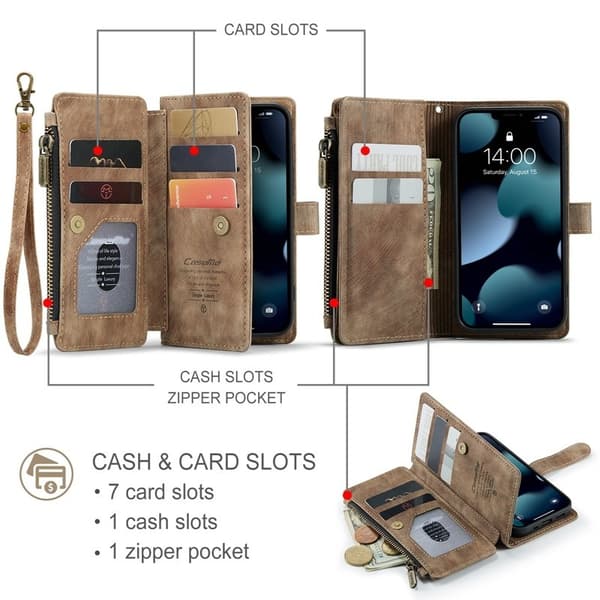 CASEME Konstläder Plånboksfodral för iPhone 13 mini med rem - Brun