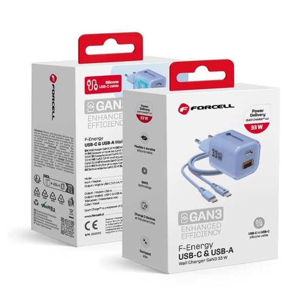 Forcell Snabbladdare USB-C/USB-A 33W USB-C Kabel GaN III PD QC Blå