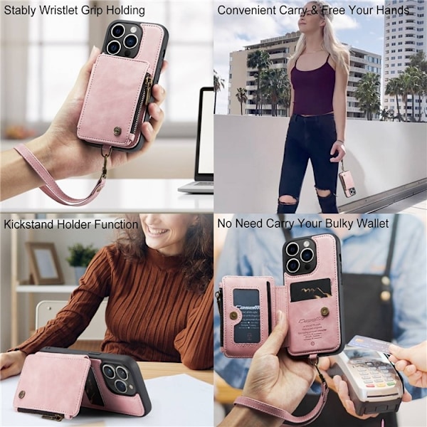 CASEME iPhone 14 Pro Plånboksfodral C20 Zipper Kickstand - Rosa Rosa