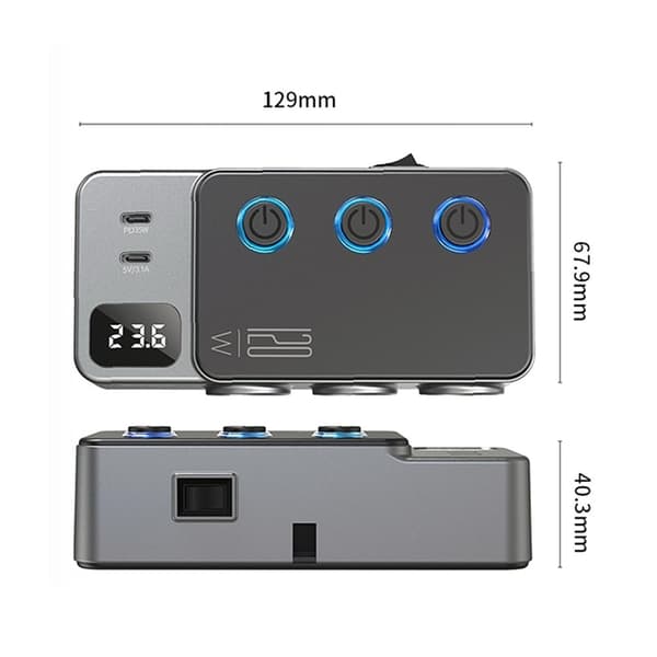 3in1 Billaddare 35W 3x USB-A/2x USB-C Cigarette Adapter 120W Svart