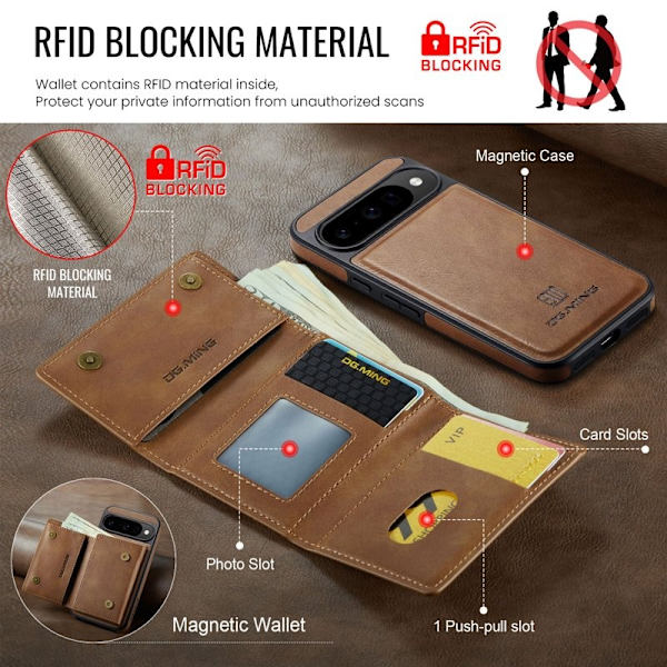 DG.MING M6 Series Konstläder Plånboksfodral för Google Pixel 10 Pro - Brun