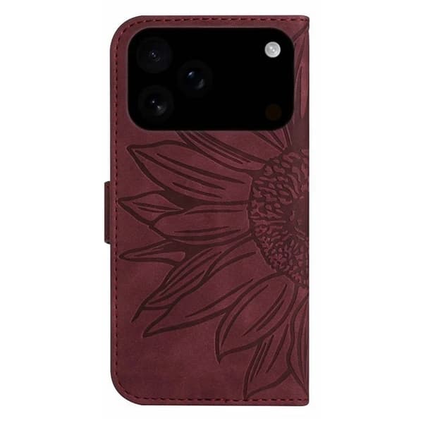 iPhone 17 Pro Max Konstläder Plånboksfodral Sunflower Imprint - Vinröd Vinröd