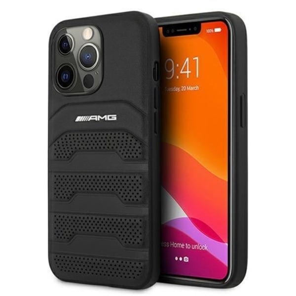 AMG Ægte Læder Debossed Lines Skal iPhone 13 Pro / 13 - Sort Black