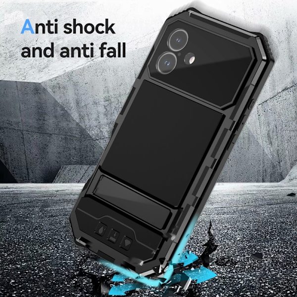 R-JUST Mobilskal till iPhone 16 Plus PC+Silicone+Metal Ställ - Svart