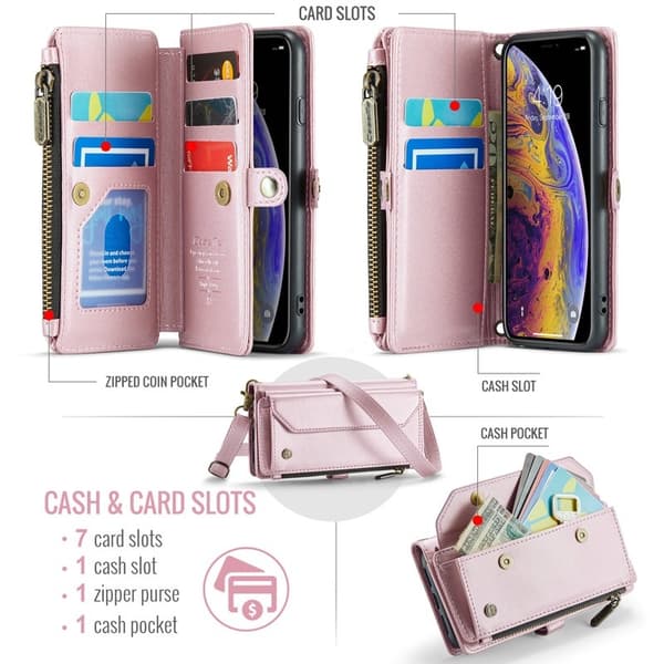 CASEME Plånboksfodral Konstläder för iPhone X/XS med kortfack - Rosa
