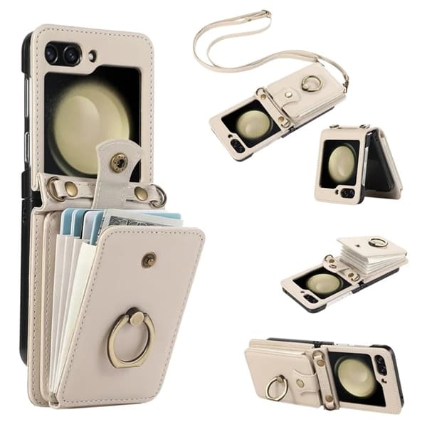 Galaxy Z Flip7 Plånboksfodral Ring Kickstand med Lång rem - Beige Beige