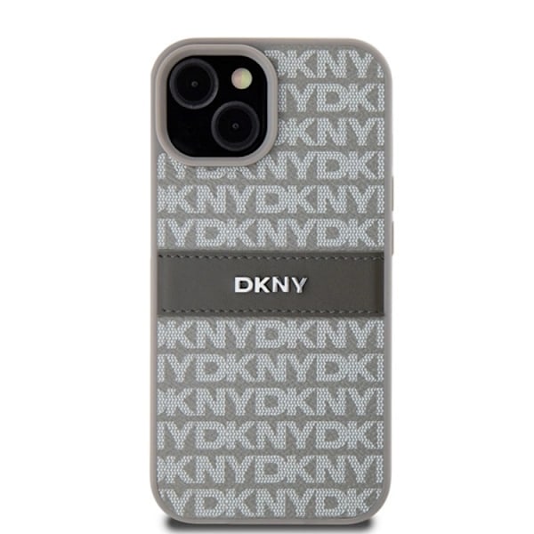 DKNY iPhone 15/14 Plus Mobilskal Läder Mono Stripe & Metal Logo Beige
