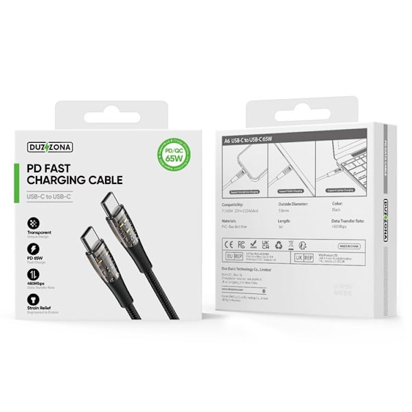 Duzzona A6 USB-C till USB-C kabel 60W 1m - Transparent