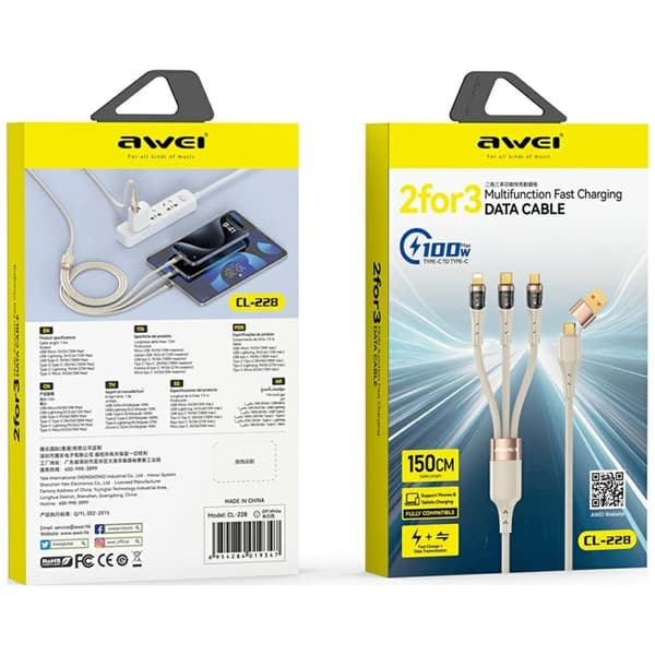 AWEI CL-228 Kabel 3-i-2 USB-C/Lightning/MicroUSB – Svart
