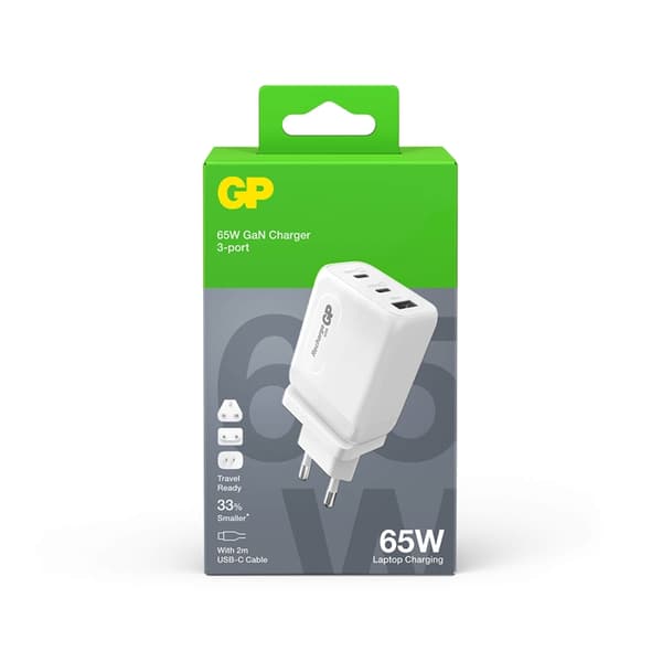 GP Väggladdare 65W GaN Inkl Reseadapter - Vit Vit