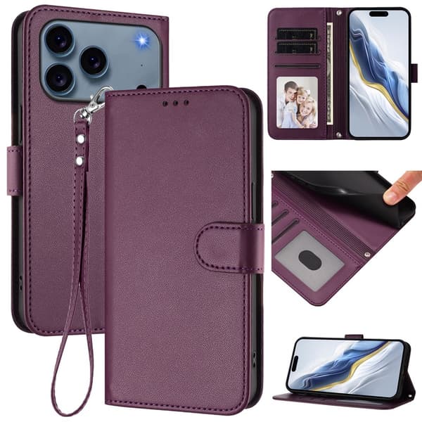 iPhone 17 Pro Plånboksfodral Läder med Handledsrem - Lila Lila
