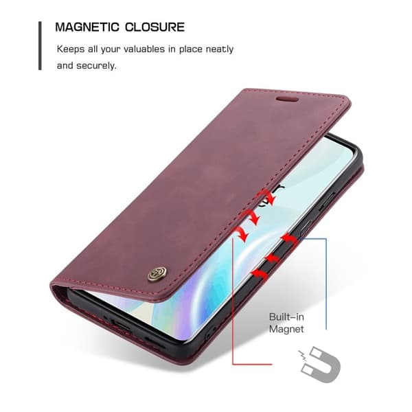 CASEME 013 Series Konstläderplånboksfodral för OnePlus 8 - Vinröd
