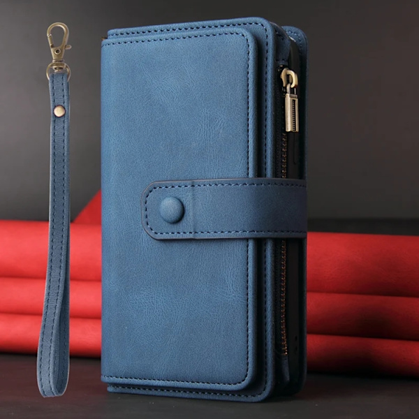 iPhone 17 Pro Konstläder Plånboksfodral Zipper Rem Blå