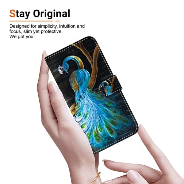 Sony Xperia 1 VII Konstläder Plånboksfodral med Lanyard Printing - Peacock Blå