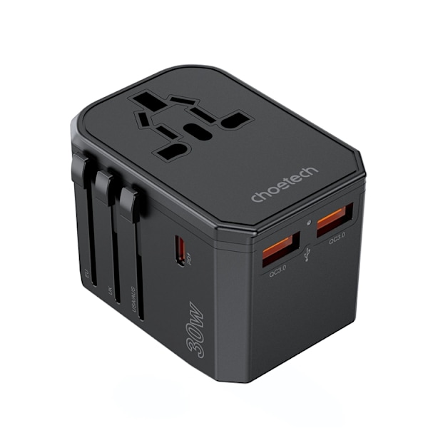 Choetech Reseladdare 30W USB-C USB-A US EU UK Svart