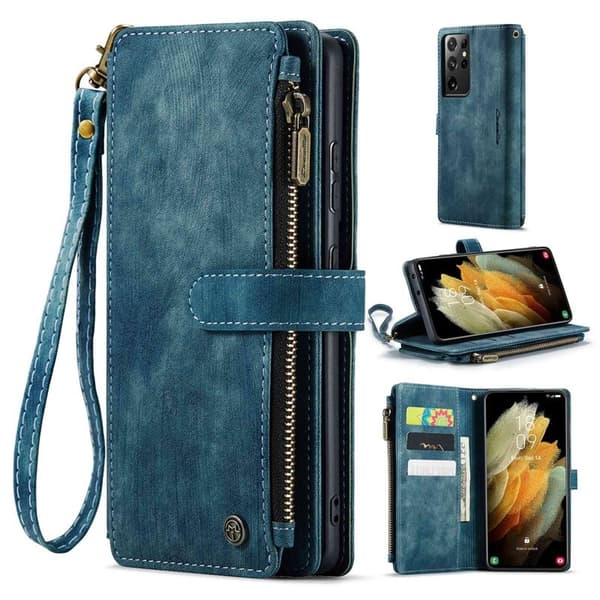 CASEME Konstläder Plånboksfodral för Samsung Galaxy S21 Ultra 5G - Blå