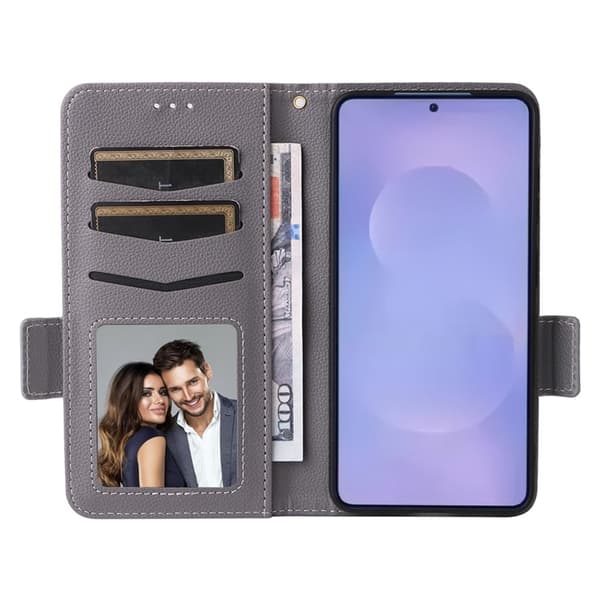 Galaxy S26/S26 Pro Plånboksfodral Litchi Konstläder med Rem - Grå Grå