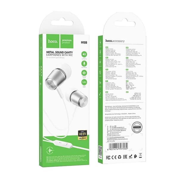 Hoco In-Ear Kablet Høretelefonstik 3.5mm M108 - Sølv Silver