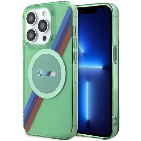 BMW iPhone 15 Pro -puhelinkotelo Magsafe M Tricolor Stripes - Vihreä Grön