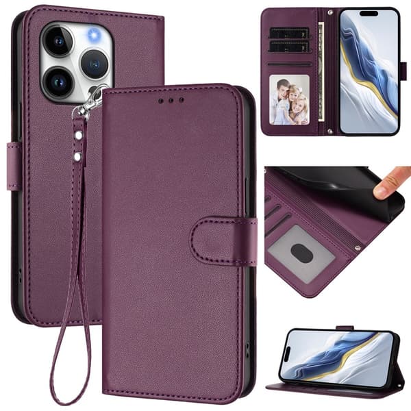 iPhone 16 Pro Max Plånboksfodral Läder med Handledsrem - Lila Lila