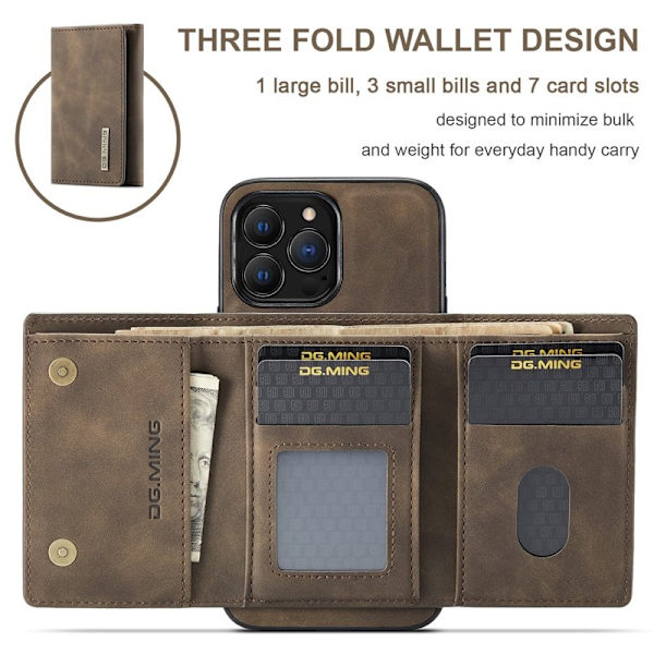 DG.MING iPhone 16 Pro Konstläder Plånboksfodral Kickstand Brun