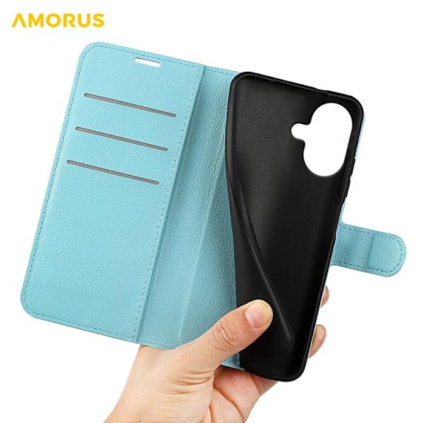 AMORUS iPhone 17 Konstläder Plånboksfodral Flipstativ Litchi - Blå Blå