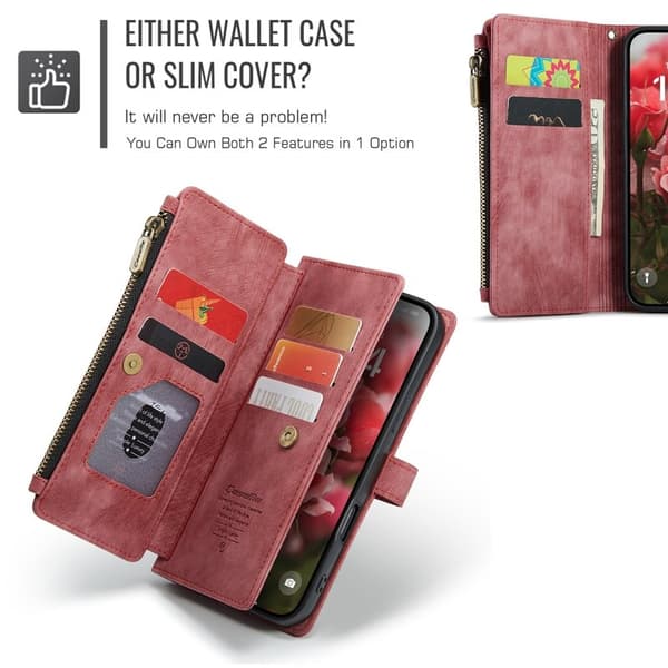 CASEME C30 Plånboksfodral till iPhone 16 Plus med rem, röd Konstläder