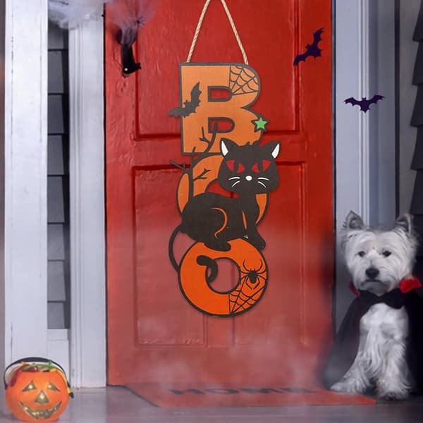 Halloween Hängande Pumpa Fladdermus Spöke Trä - BOO Cat