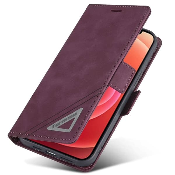 FORWENW F3-Series iPhone 12 Plånboksfodral Konstläder - Vinröd
