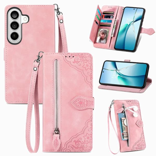 Plånboksfodral för Samsung Galaxy S26 Plus Konstläder med dragkedja - Rosa