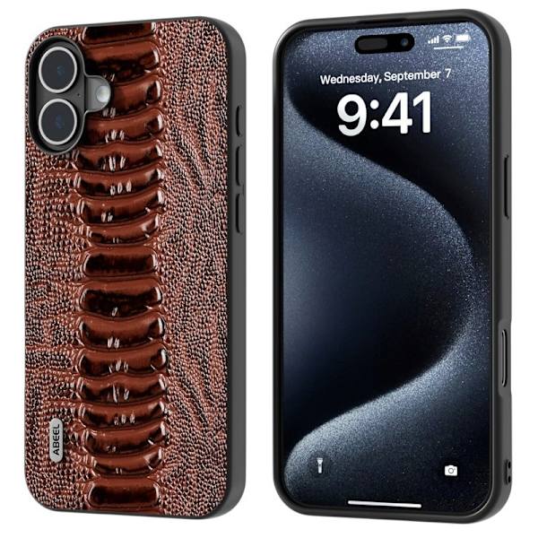 ABEEL Mobilskal till iPhone 16 Plus Äkta Läder Krokodil Textur - Brun