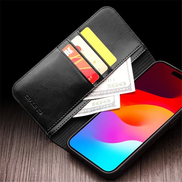 QIALINO iPhone 15 Plus Plånboksfodral Äkta Läder Cowhide Svart